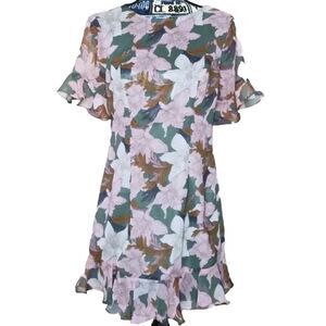 SELFIE LESLIE Floral Ruffle Mini Dress Flutter Sleeves Open Back Lined Sz M NWT